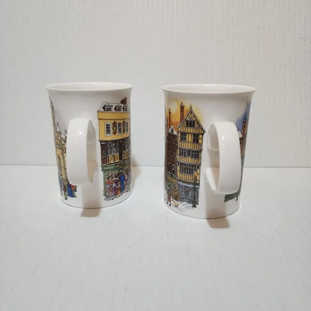 (2) Dunoon Bone China Mugs England Sue Scullard Christmas Time Carriage & Geese